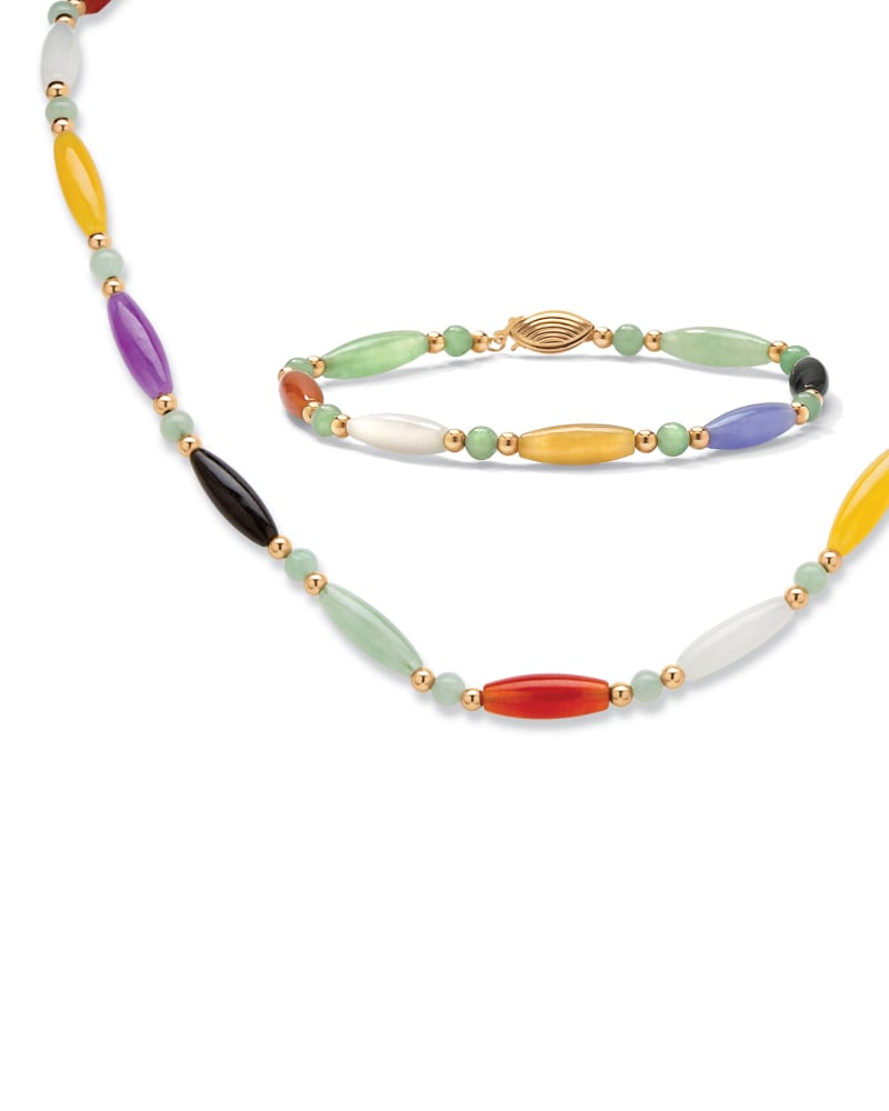 Front of a size 18 in Multicolor Jade Barrel Link Bracelet and Necklace Set in 14k Yellow Gold in Purple by PalmBeach Jewelry. | dia_product_style_image_id:286382